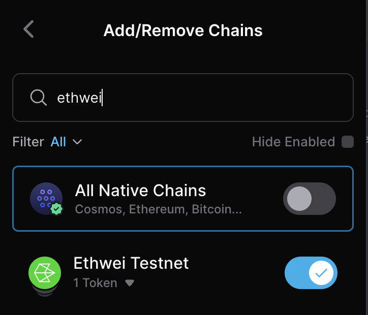 Searching “Ethwei Testnet” in Keplr’s Add/Remove Chains screen